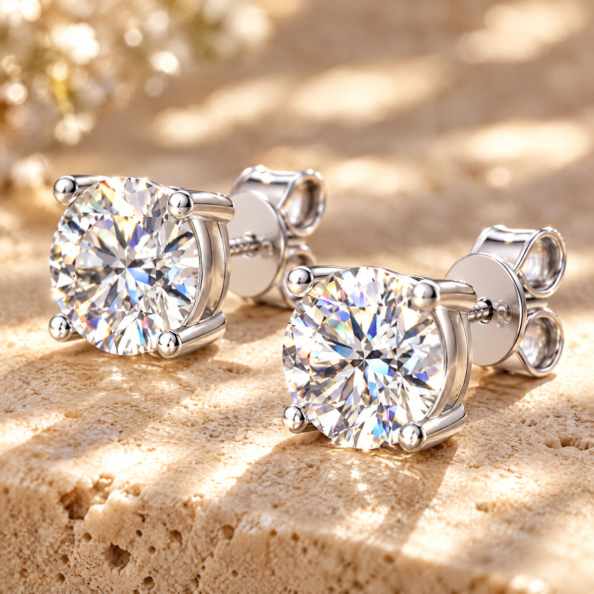Véga Moissanite Solitaire Studs, close-up detail