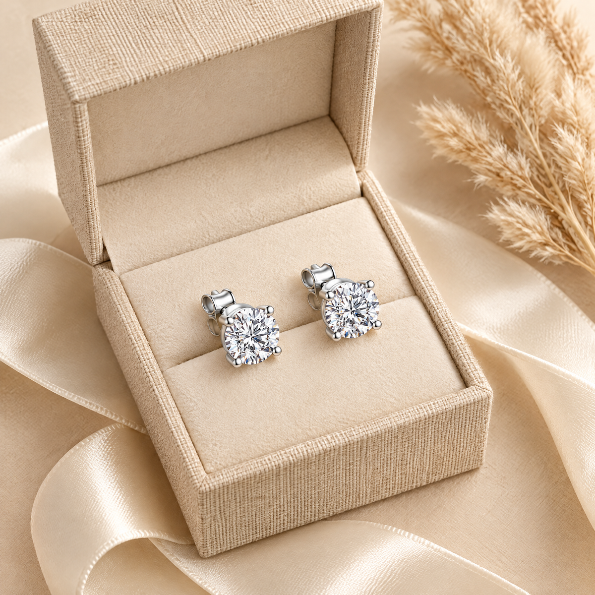 Véga Moissanite Solitaire Studs, presented in a box