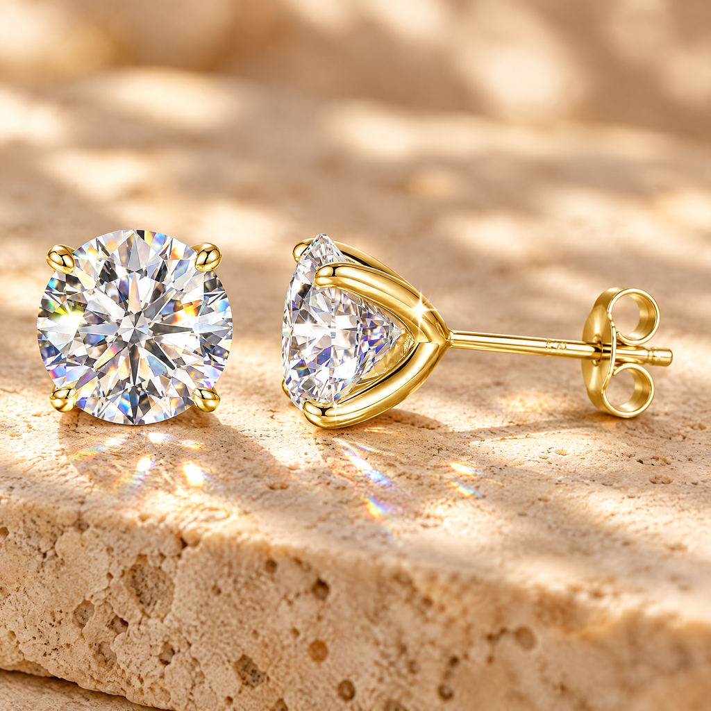 Véga Moissanite Solitaire Studs, 14K Gold Filled, close-up detail