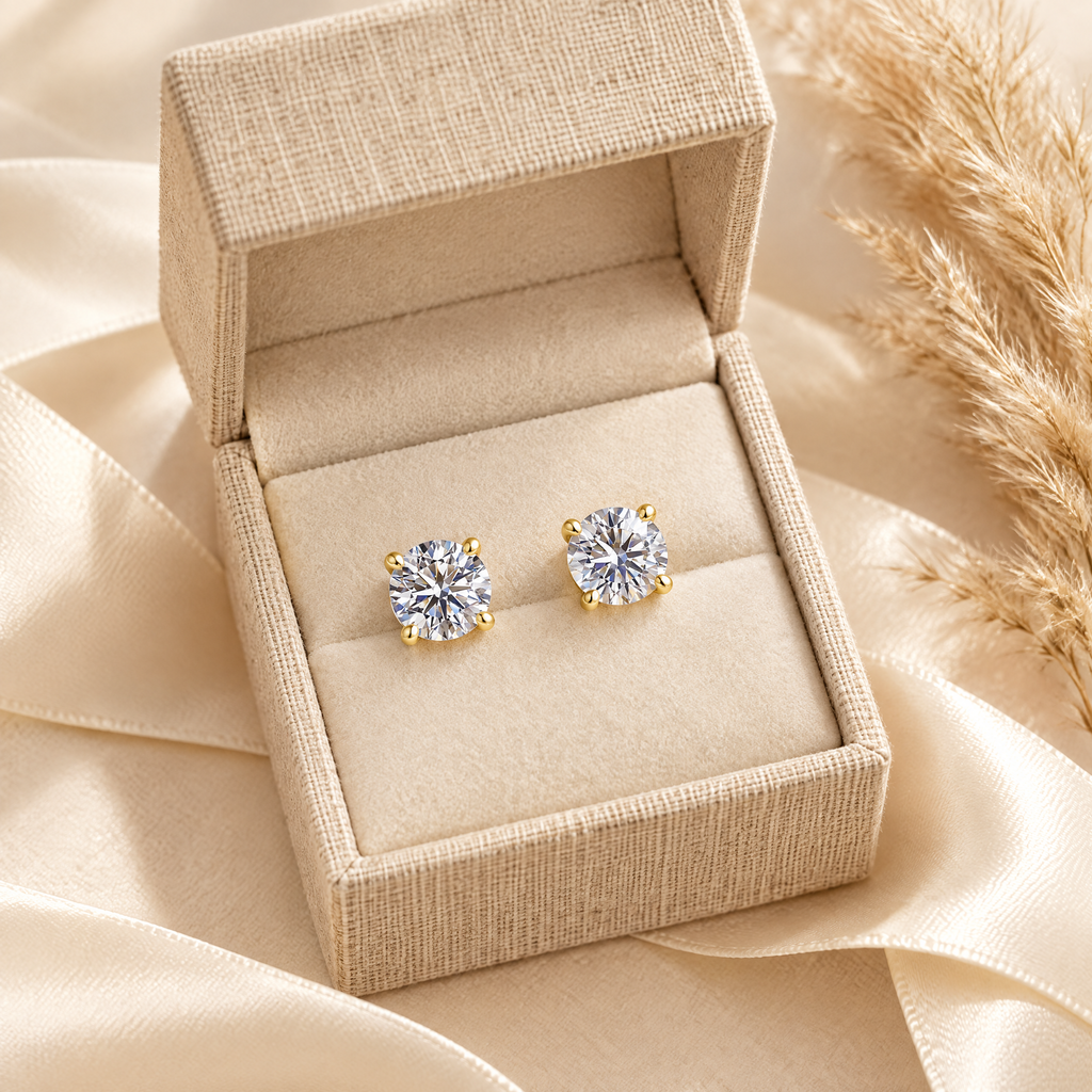 Véga Moissanite Solitaire Studs, 14K Gold Filled, presented in a box