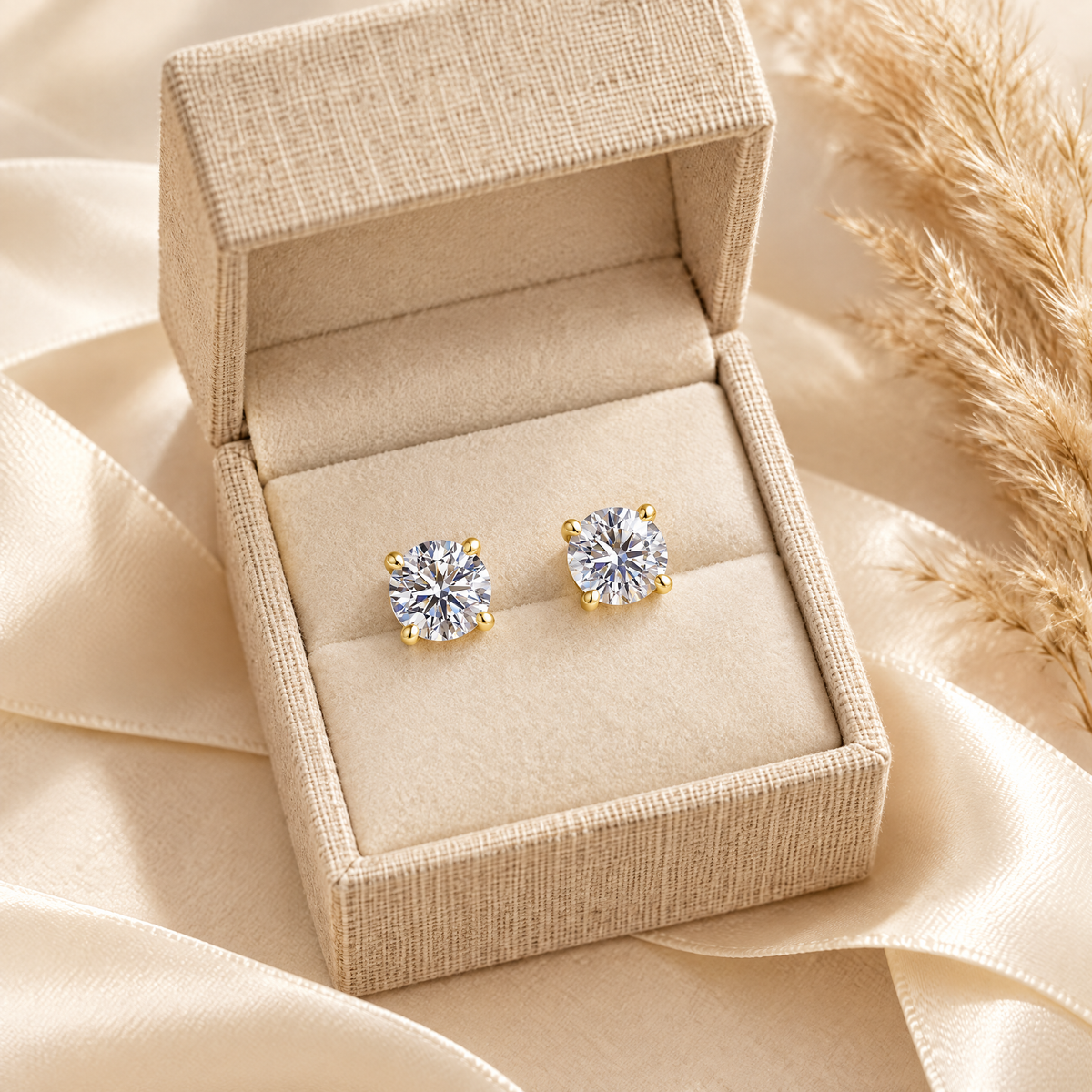 Véga Moissanite Solitaire Studs, 14K Gold Filled, presented in a box