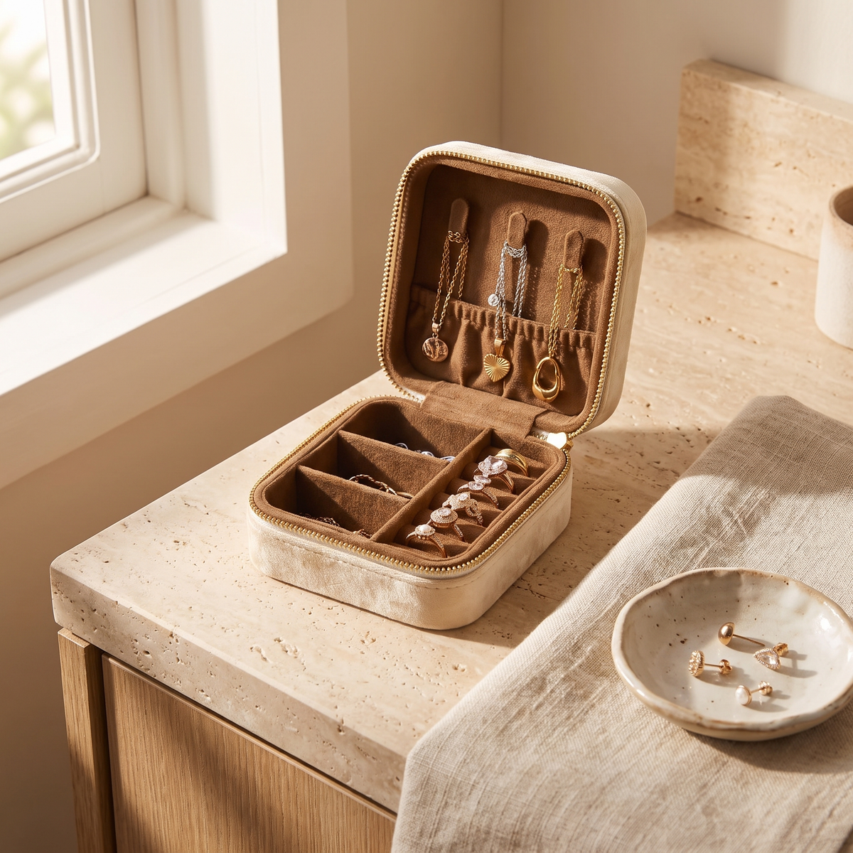 Voyage Velvet Travel Jewelry Case, open with jewelry inside