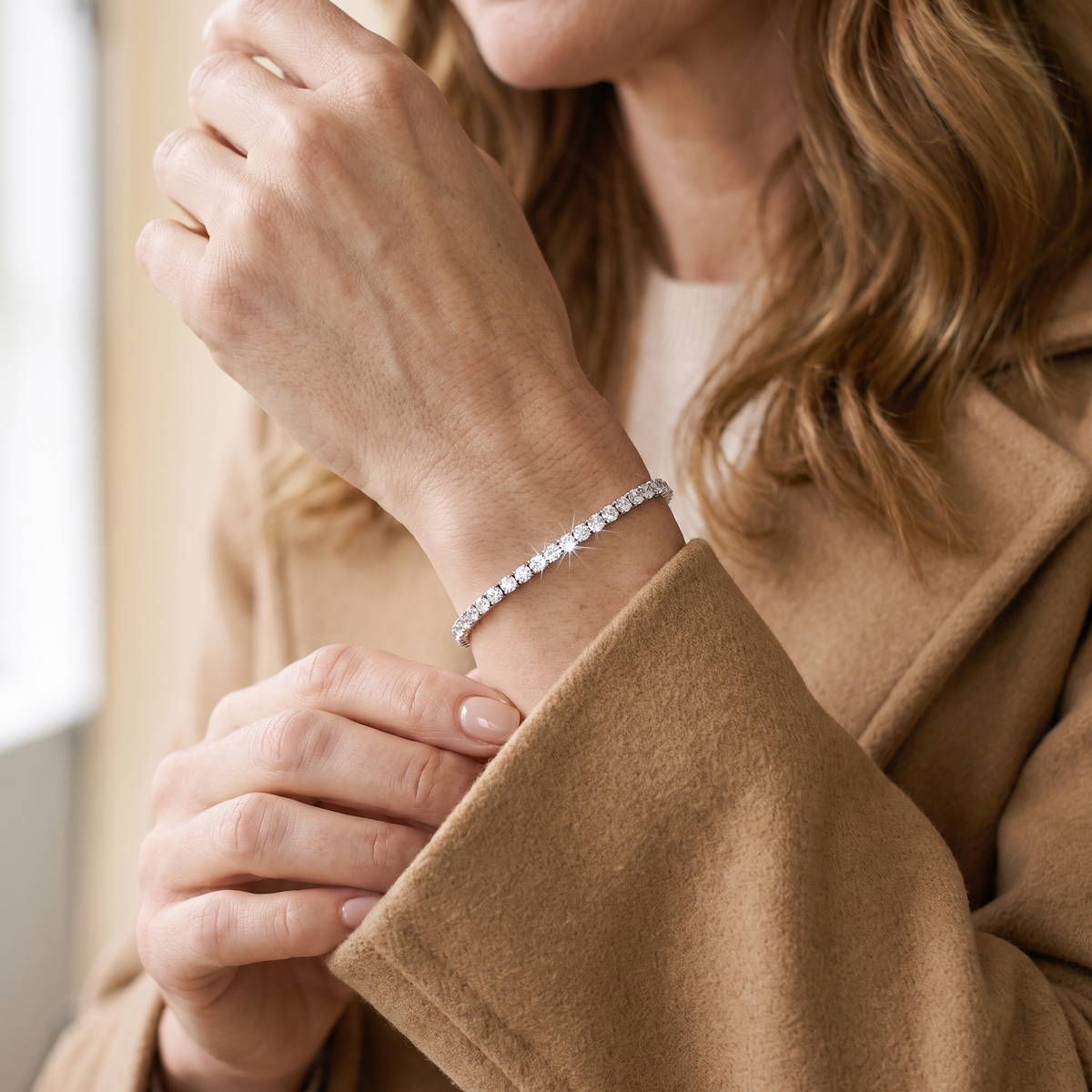 Zoé Moissanite Slider Tennis Bracelet, worn by a woman