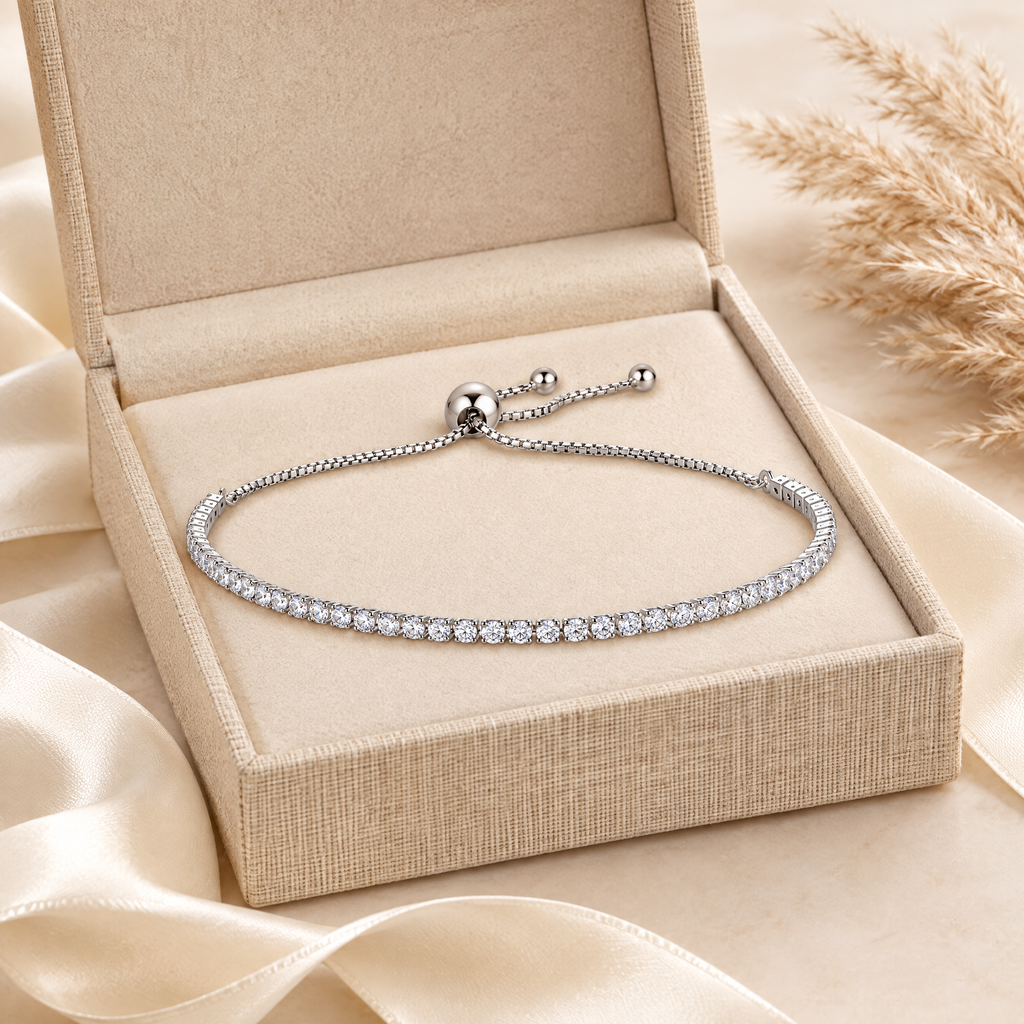 Zoé Moissanite Slider Tennis Bracelet, presented in a box