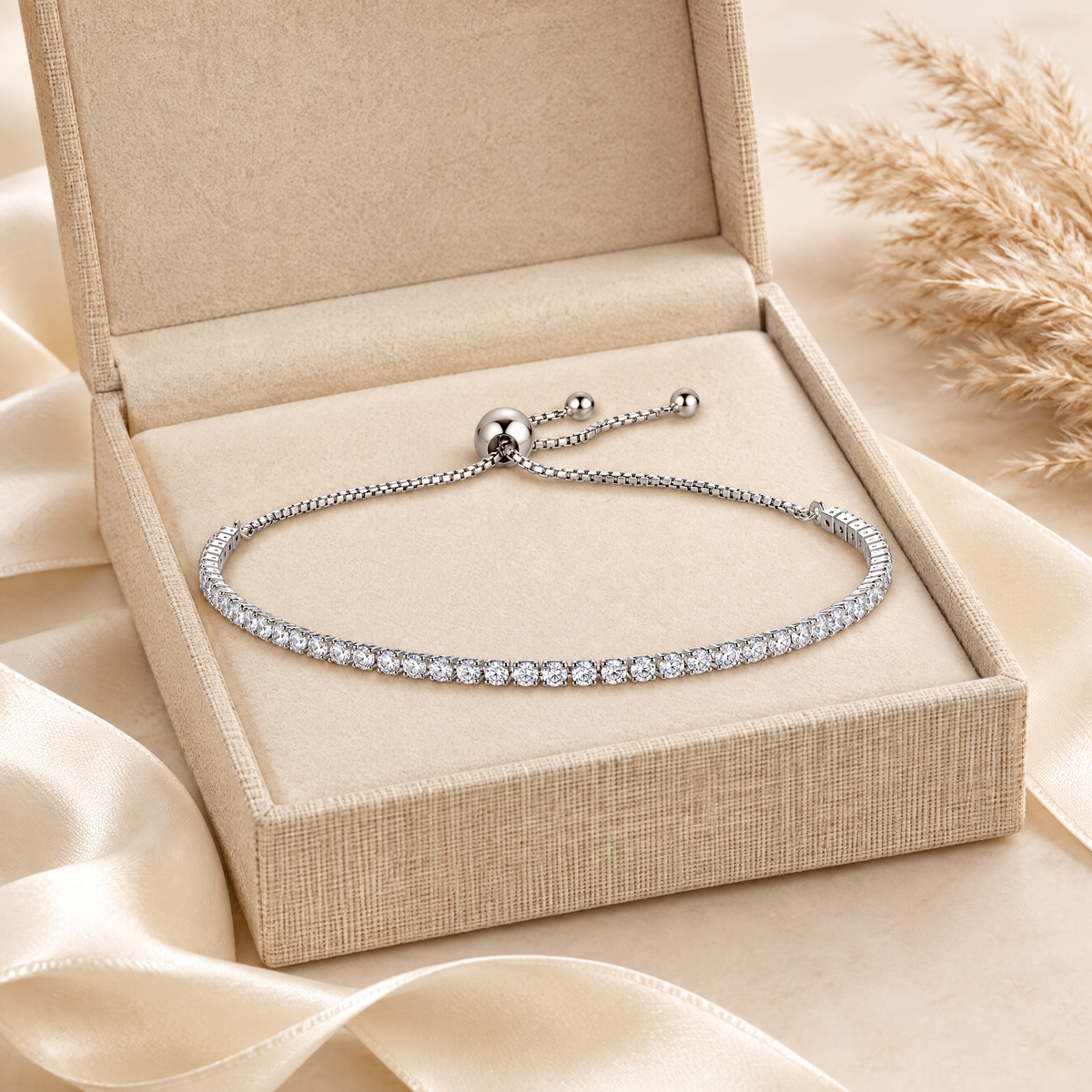 Zoé Moissanite Slider Tennis Bracelet, presented in a box